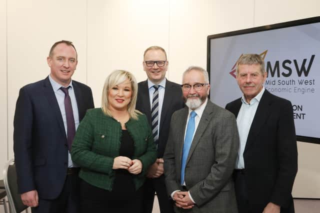 Discussing the £126m of Growth Deal funding pledged by the UK government are Councillor Cathal Mallaghan, Chair of the Mid South West Steering Group, deputy First Minister Michelle O’Neill, Roger Wilson, Chief Executive of Armagh City, Banbridge and Craigavon Borough Council, Professor Gordon Matheson, Councillor Robert Irvine