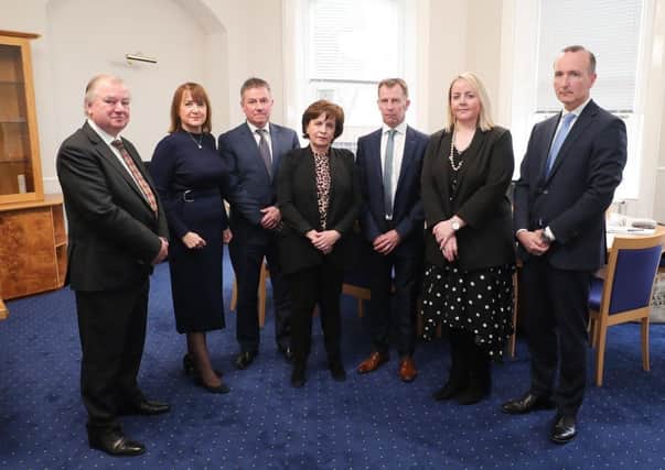 Diane Dodds (centre) meets with business leaders Stephen Kingon, Ann McGregor, Gordon Milligan, Ian Henry, Kirsty McManus and Adrian Doran