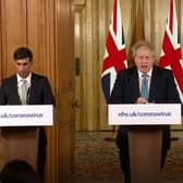 Chancellor Rishi Sunak and Prime Minister Boris Johnson during a media briefing in Downing Street