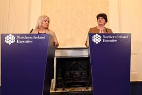 First Minister Arlene Foster (right) and deputy First Minister, Michelle O'Neill announce the decision to close all schools in Northern Ireland because of the Coronavirus COVID-19 outbreak. (Photo: Pacemaker)