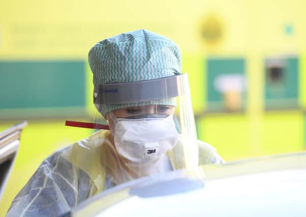 An emergency department nurse during a demonstration of the Coronavirus pod and Covid-19 virus testing procedures set-up at Antrim Area Hospital