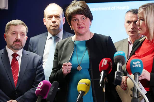Health Minister, Robin Swann (left) pictured with from left to right, Chief Medical Officer for Northern Ireland, Dr. Michael McBride, First Minister, Arlene Foster, Junior Minister, Declan Kearney and deputy First Minister, Michelle O'Neill. (Photo: Presseye)
