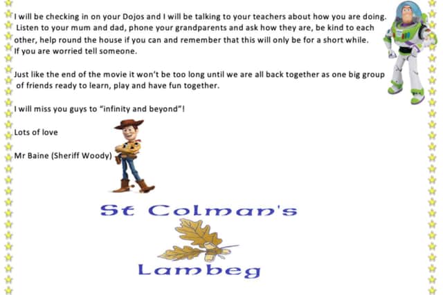 The letter sent by Stephen Baine, who runs St Colman's Primary School in Lambeg, County Antrim, that he has written to pupils, using Toy Story, explaining the impact of coronavirus.