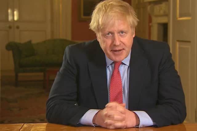 Screen grab of Prime Minister Boris Johnson addressing the nation from 10 Downing Street, London, as he placed the UK on lockdown as the Government seeks to stop the spread of coronavirus (COVID-19)