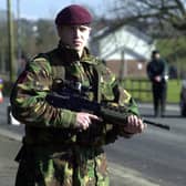 13/3/2001:  A paratrooper assists the RUC at a checkpoint in Dungannon, Co Tyrone set up around the foot-and-mouth exclusion zone following a disease scare in a local meat plant