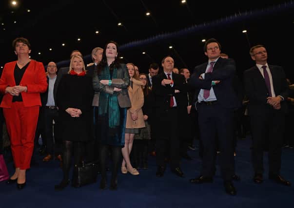 David Graham, second from right, with other DUP politicians including from left Arlene Foster, Emma Little-Pengelly,, Nigel Dodds, centre, and, right, Councillor Brian Kingston at the general election counts for Belfast in December