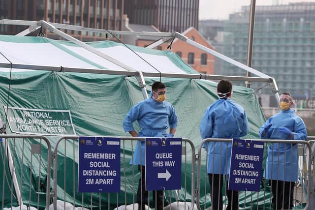 A view of the testing centre on Sir John Rogerson's Quay in Dublin where the Naval service personnel are assisting medical staff.