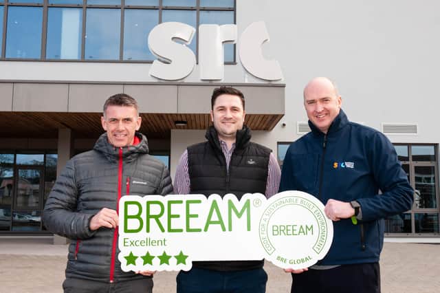 Celebrating are Conor McGeown (Project Manager, WYG), Stephen Morrissey (Contracts Manager, Felix O’Hare) and Gary Young (Project Manager, Southern Regional College)