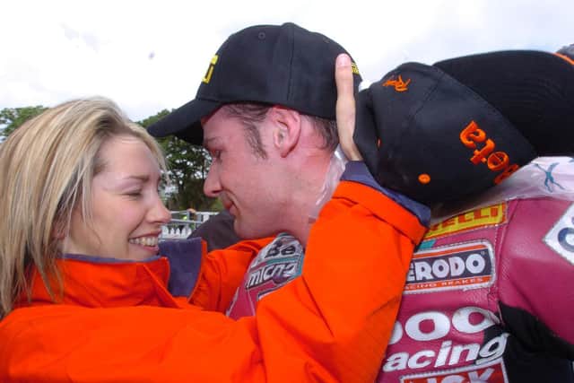 Ryan Farquhar with his wife Karen following his maiden TT win in 2004.