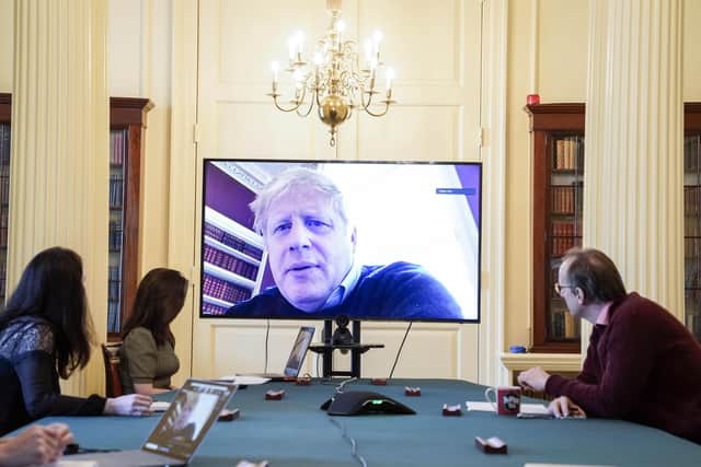 Prime Minister Boris Johnson, who is self-isolating after contracting coronavirus, chairs a morning Covid-19 meeting