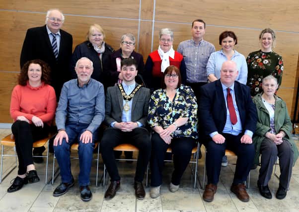 Members of Stranocum, Rasharkin and Ballybogey Community Centres including Fiona McDowell, Jimmy Culbertson, Marcus Porter, Annette Wiggins, Alma Murphy and Sean Hanna pictured with the Mayor of Causeway Coast and Glens Borough Council Councillor Sean Bateson and Council Officers at a recent reception in Cloonavin
