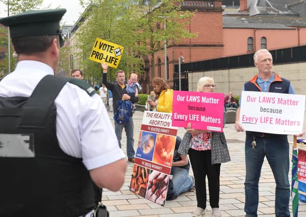 Anti-abortion campaigners at Belfast Laganside Court in 2018