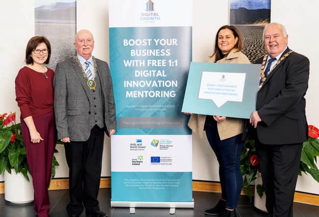 Pictured are Mary Young from Invest Northern Ireland, Councillor Charlie Casey, Chair of Newry Mourne and Down District Council; Niamh Taylor from Alchemy Digital Training Ltd and Alderman Bill Keery, Mayor of Ards and North Down Borough Council