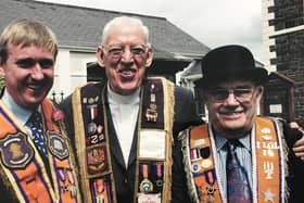 Mervyn Storey MLA with Dr Paisley and Sam McConaghie, following a service in St James Presbyterian Church to mark the 100th anniversary of the Independent Orange Institution in 2008
