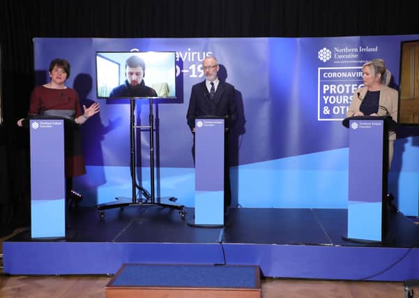 Arlene Foster and Michelle O’Neill were asked about the issue by the News Letter's Sam McBride (on screen) at yesterday’s Stormont press conference