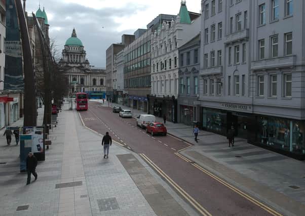 An almost deserted Donegall Place in Belfast city centre this week
