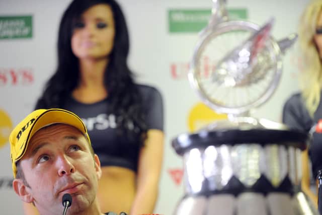 An emotional Steve Plater with the Senior TT trophy at the post-race press conference in 2009.