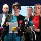 Michelle O’Neill, right, undermined the health minister Robin Swann, left, which could imply that experts like the chief medical officer Dr Michael McBride, second left, are also wrong