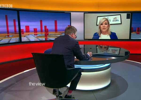 Mark Carruthers interviews the Sinn Fein deputy first minister on The View on BBC One on April 2 2020, when she criticised her ministerial colleague, the health minister Robin Swann