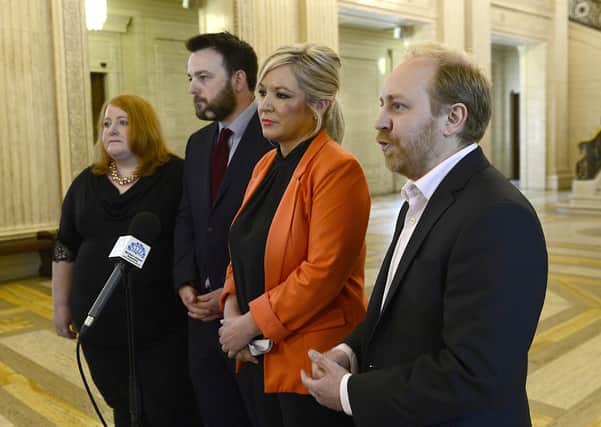 The then four party leaders of Alliance, SDLP, Sinn Fein and Green in a previous joint approach in May 2018 at Stormont opposing UK policy over the EU, from left Naomi Long, 
Michelle O'Neill, Colum Eastwood and Steven Agnew.
Pic: Arthur Allison. Pacemaker Press
