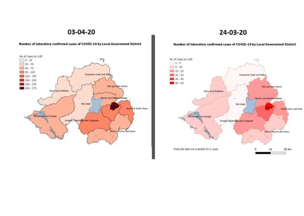 LEFT: The latest map issued by the PHA on 03/04/20; RIGHT: The first map from the PHA, dated 24/03/20 (note the keys are different on each)