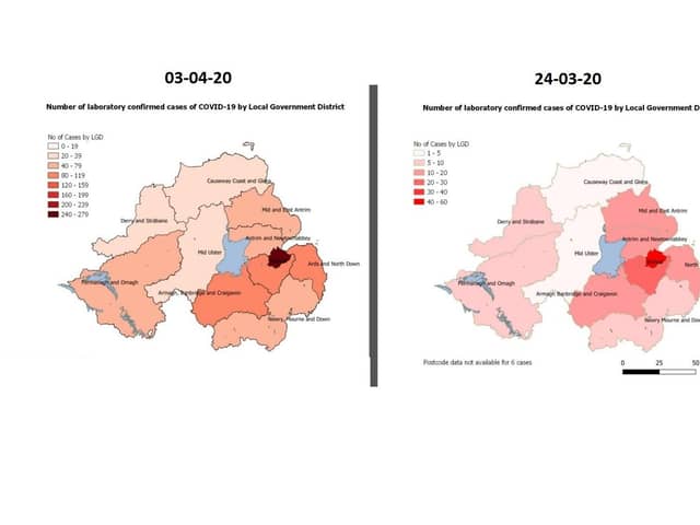 LEFT: The latest map issued by the PHA on 03/04/20; RIGHT: The first map from the PHA, dated 24/03/20 (note the keys are different on each)