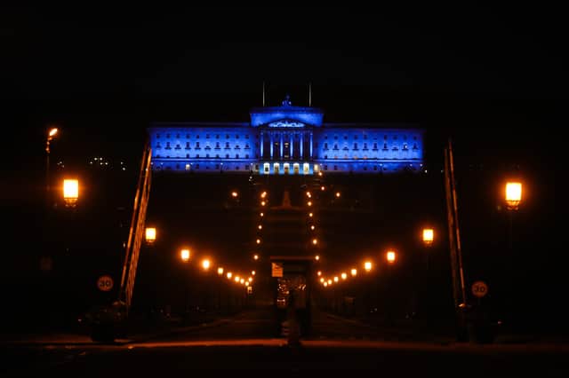 Parliament Buildings, Stormont in Belfast is lit up in blue in support for key workers and the NHS as the second Clap For Our Carers takes place.Photo by Kelvin Boyes / Press Eye.
