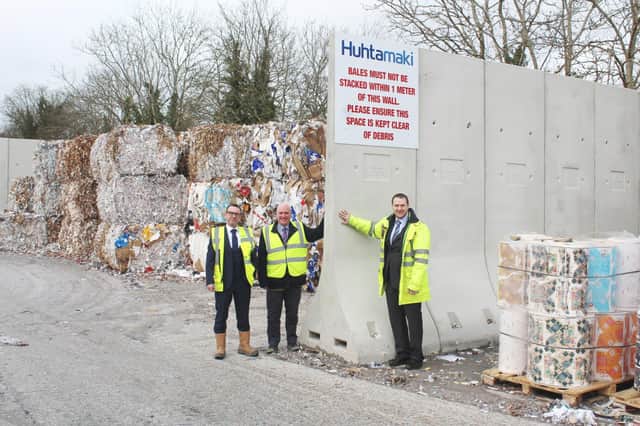 Huhtamaki’s Deputy Business Manager Kevin McLaughlin and General Manager Corin Goodall discussing the tremendous impact made by the recently installed bunker wall system throughout the paper recycling operation’s storage area with Moore Concrete Sales Manager Richard Whiteside