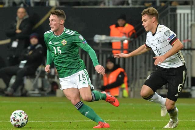 Northern Ireland's Jordan Thomspon up against Germany in the EURO 2020 qualifying campaign. Pic by Pacemaker.