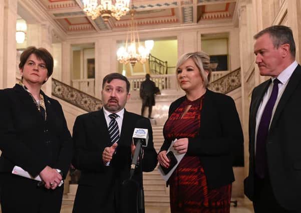 Arlene Foster, Robin Swann, Michelle O’Neill and Conor Murphy in January. Sinn Fein have used emotional terminology in their critique of UK policy and Mr Swann. Despite this, Mrs Foster and Mr Swann’s have been statesman-like