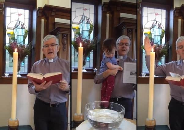 Dean Stephen Forde of St Anne’s Cathedral in Belfast, singing hymns by himself on a video feed