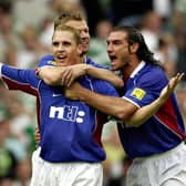 Rangers' Peter Lovenkrands celebrates in 2002. Pic by PA.