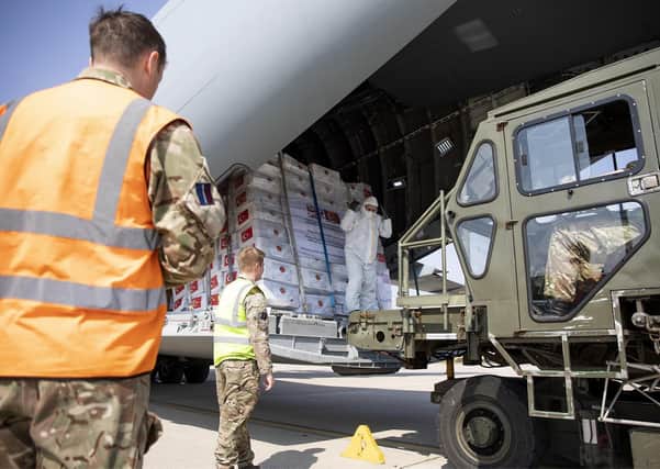 PPE from Turkey being unloaded from a Turkish Air Force jet at RAF Brize Norton in Oxfordshire