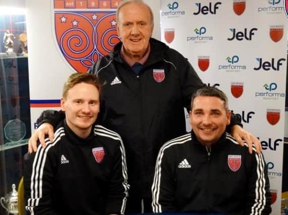 Forfar Farmington Head Coach Ryan McConville pictured with coach Paul Nicoll and Chairman Colin Brown