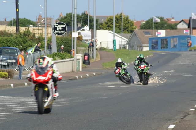 Stuart Easton clipped the rear of team-mate Gary Mason's MSS Kawasaki during practice at the North West 200 in 2011 resulting in a terrifying crash that left the Scotsman with serious injuries. Picture: Adrian White.