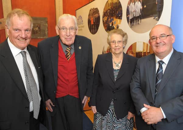 The work of Jonathan Bardon, left, was highly regarded in Ulster-Scots circles. Above he is seen at his 2012 lecture on the Ulster Covenant at Stormont, with Lord Bannside and Baroness Paisley and the then speaker Willie Hay