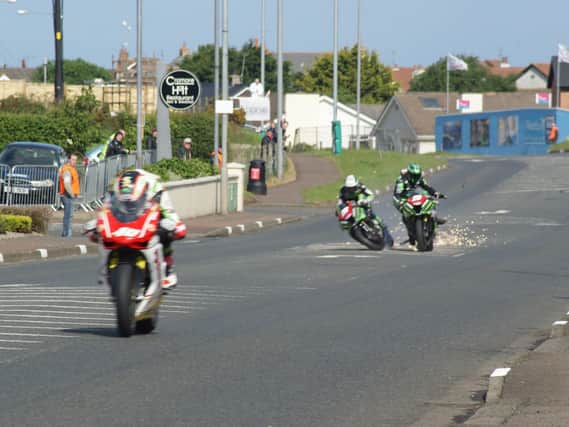 Stuart Easton clipped the rear of team-mate Gary Mason's MSS Kawasaki during practice at the North West 200 in 2011 resulting in a terrifying crash that left the Scotsman with a serious of injuries. Picture: Adrian White.