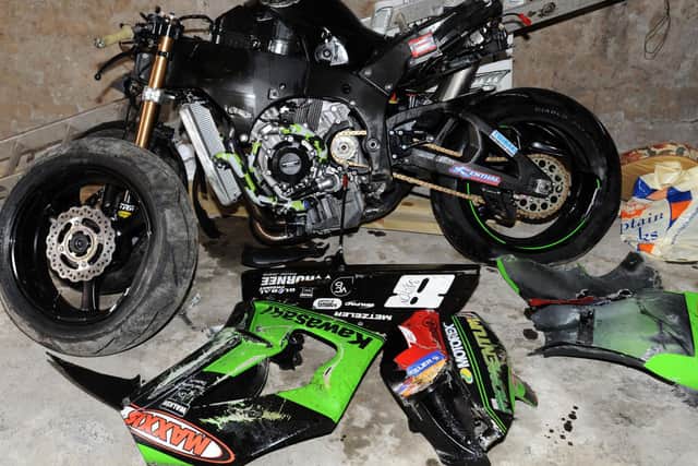The remains of Stuart Easton's MSS Kawasaki following his crash in practice at the North West 200 in 2011. Picture: Pacemaker Press.
