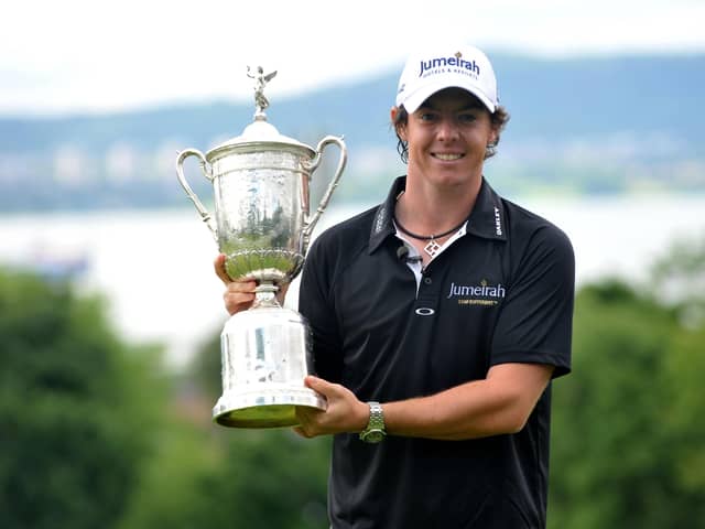 Newly-crowned US Open champion Rory McIlroy in 2011 with the trophy at Holywood Golf Club. Pic by PA.