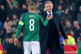 Michael ONeill leaves the pitch with Steven Davis following the 0-0 draw with the Netherlands