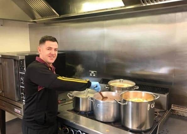 Bready's David Scanlon, on cooking duties, as the clubs volunteers delivered more than 300 cooked meals to elderly and vulnerable members of the local community during the COVID-19 crisis.
