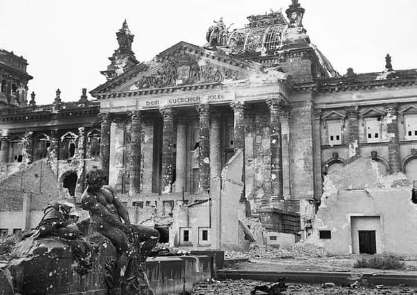 The ruins of the Reichstag in Berlin, near Hitler's bunker, as the Allies and Russians closed in on final victory over Germany