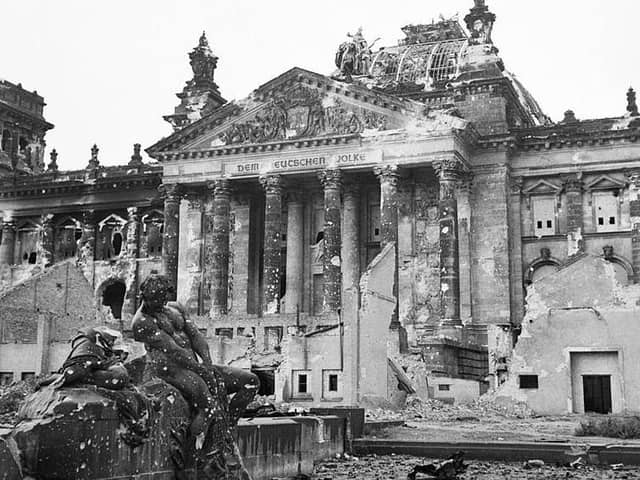 The ruins of the Reichstag in Berlin, near Hitler's bunker, as the Allies and Russians closed in on final victory over Germany