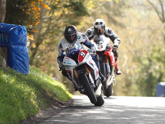 Guy Martin (Tyco BMW) leads Michael Dunlop (Milwaukee Yamaha) in the Open race at the 2015 Cookstown 100.