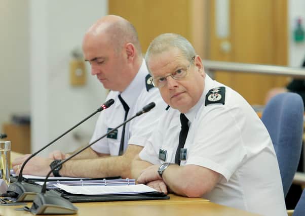 Chief constable Simon Byrne and deputy chief constable Mark Hamilton at a meeting of the NI Policing Board earlier this year. Photo: Philip Magowan / PressEye