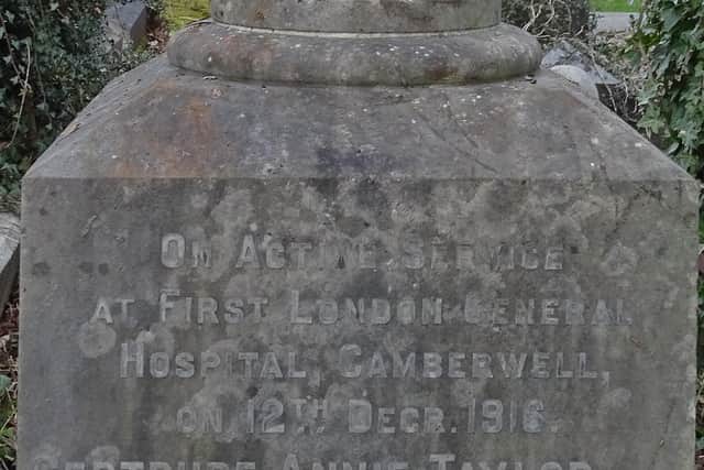 Gertrude Annie Taylor's Gravestone Inscription in Belfast City Cemetery. Photo Nigel Henderson