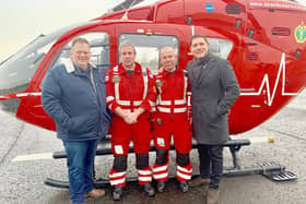 Pictured are Andrew Trotter (Owner of Trotters Hardware Store in Dungannon), Dr Darren Monaghan (HEMS, Clinical Lead), Paramedic Gelnn ORorke (HEMS, Operational Lead) and Malachi Cush.