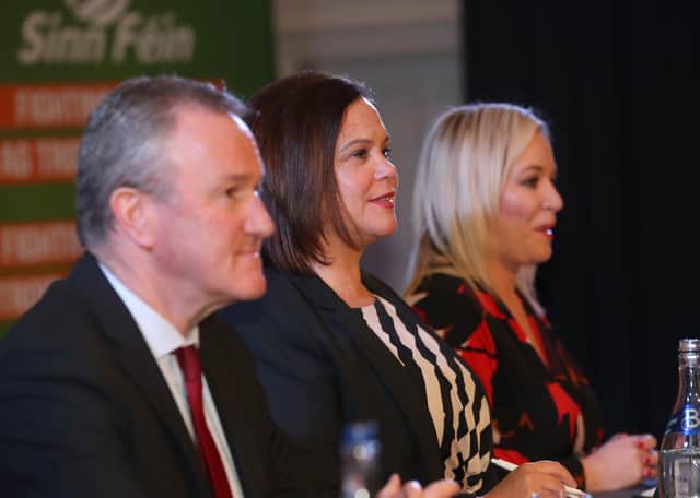 Conor Murphy, Mary Lou McDonald and Michelle O'Neill at a Sinn Fein Conference in Newry in February. Photo by Kelvin Boyes / Press Eye.