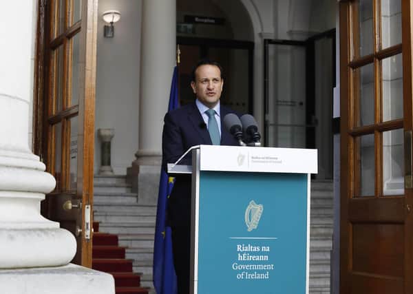 Taoiseach Leo Varadkar TD on the steps of the Government Buildings Dublin, addressing the public on the state of the coronavirus lockdown in Ireland.  Friday May 1, 2020. Photo: Leon Farrell/Photocall Ireland/PA Wire