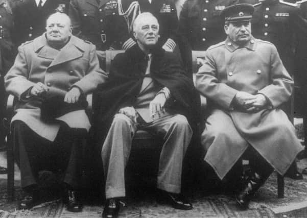 Prime Minister Winston Churchill,  President Franklin D. Roosevelt, and Soviet Premier Joseph Stalin in Yalta in February 12, 1945, three months before VE Day. The UK was alone in the war from 1940 after the fall of France, until the US and Russia were attacked in 1941
